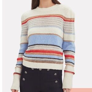 Veronica Beard Cream Striped Crewneck Sweater with Blue & Red Accents
